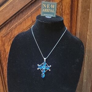Elegant Blue TOPAZ sterling 925 Cross STATEMENT necklace